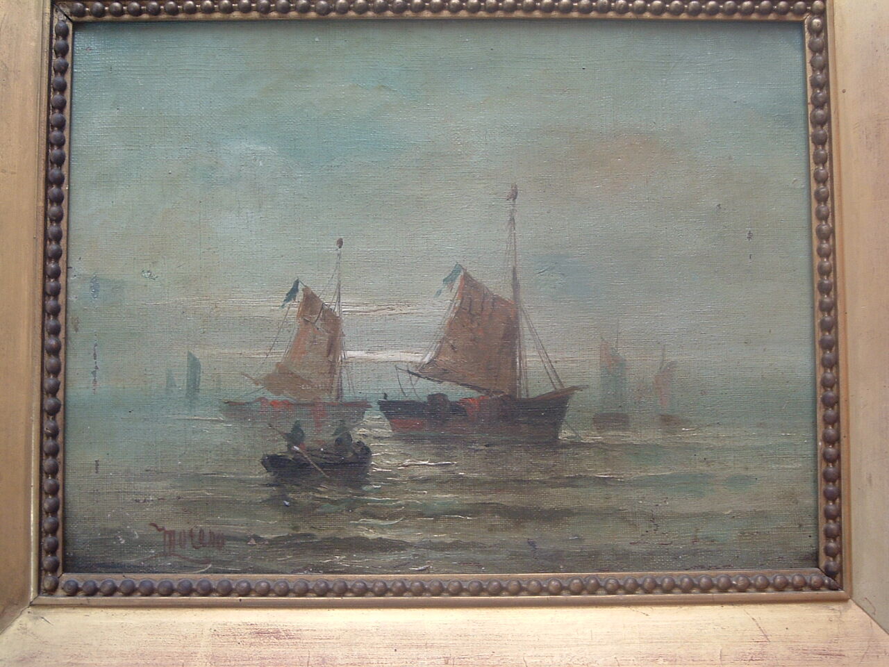 Tableau xix marine hst signée moreno, bateaux à voile barque pêcheurs, cadre peinture huile toile