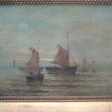 Tableau xix marine hst signed moreno, sailing boats fishermen, frame painting oil canvas