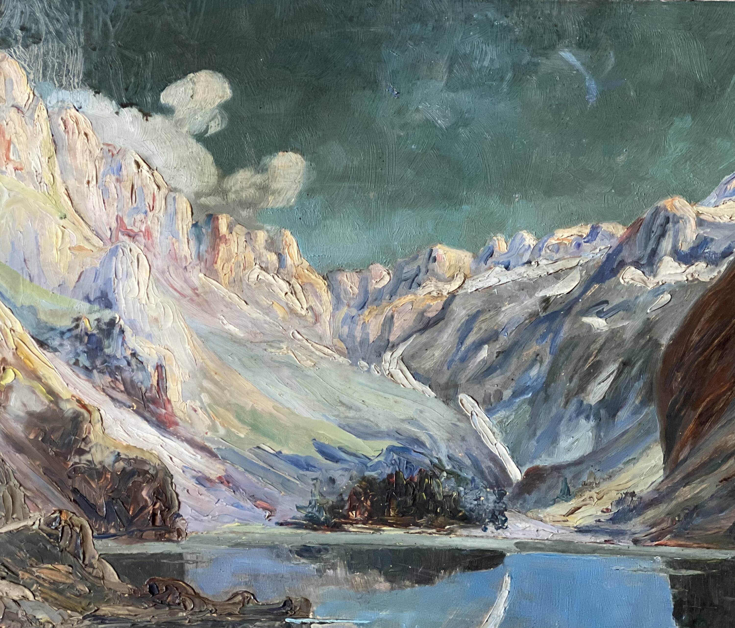Mountain painting by paul jouvet of lake lauvitel in oisans (alps)