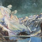 Mountain painting by paul jouvet of lake lauvitel in oisans (alps)