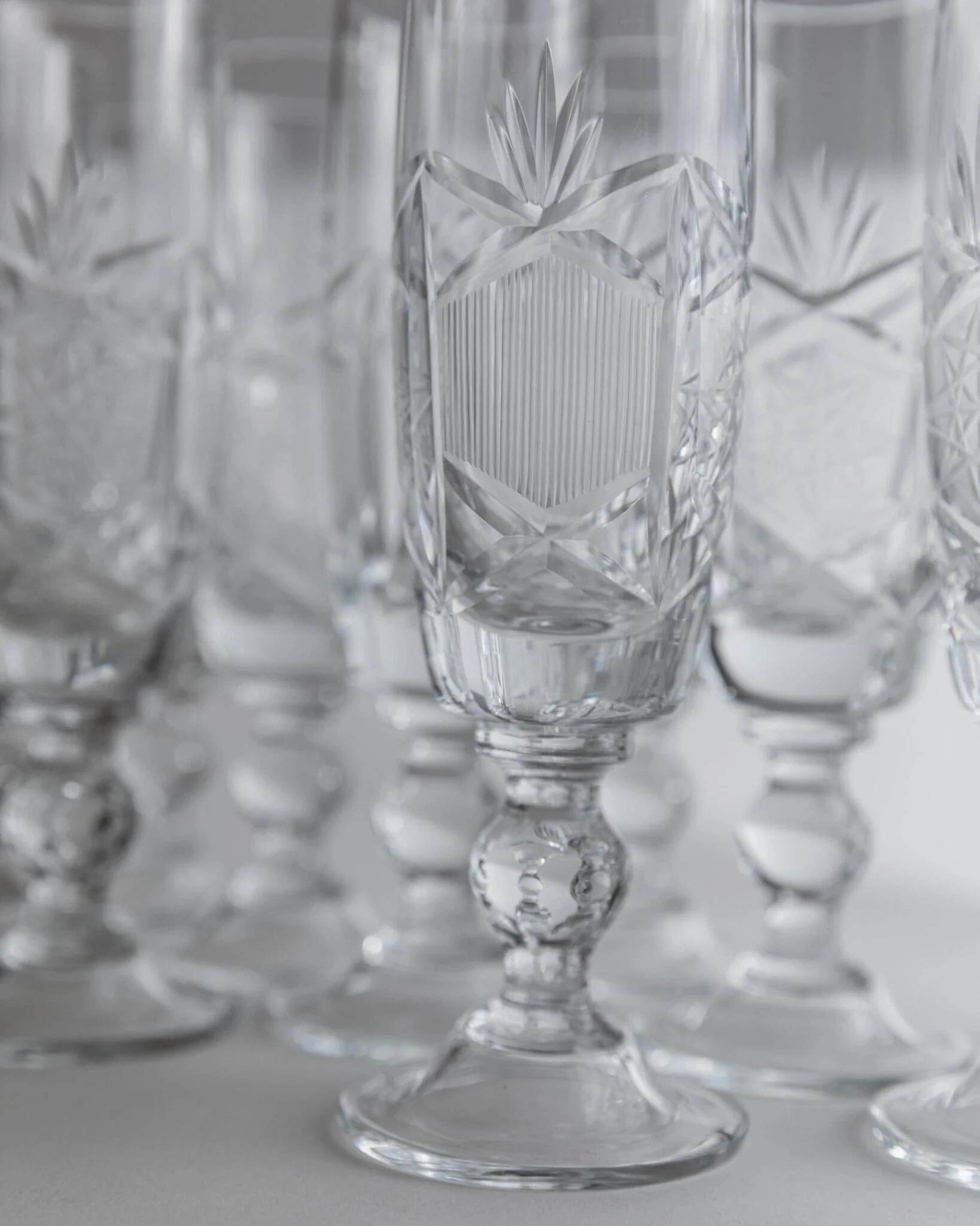 Transparent Crystal Champagne Glasses - Set of 12, Vintage Italian Glassware (1970s)
