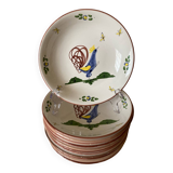 12 soup plates with calottes, Rooster La Rochelle decor, 18th century copy