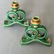 Green and gold candle holders in glazed ceramic