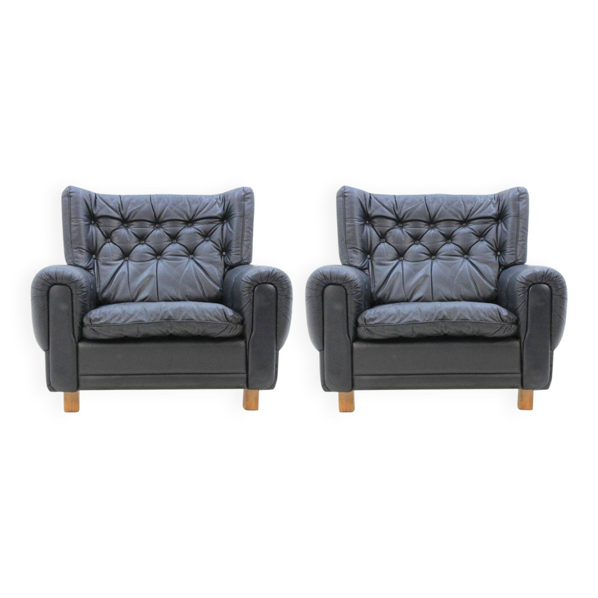 Set of Midcentury Black Leather Armchairs, 1970s