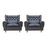 Set of Midcentury Black Leather Armchairs, 1970s