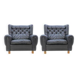 Set of Midcentury Black Leather Armchairs, 1970s