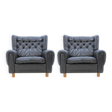Set of Midcentury Black Leather Armchairs, 1970s
