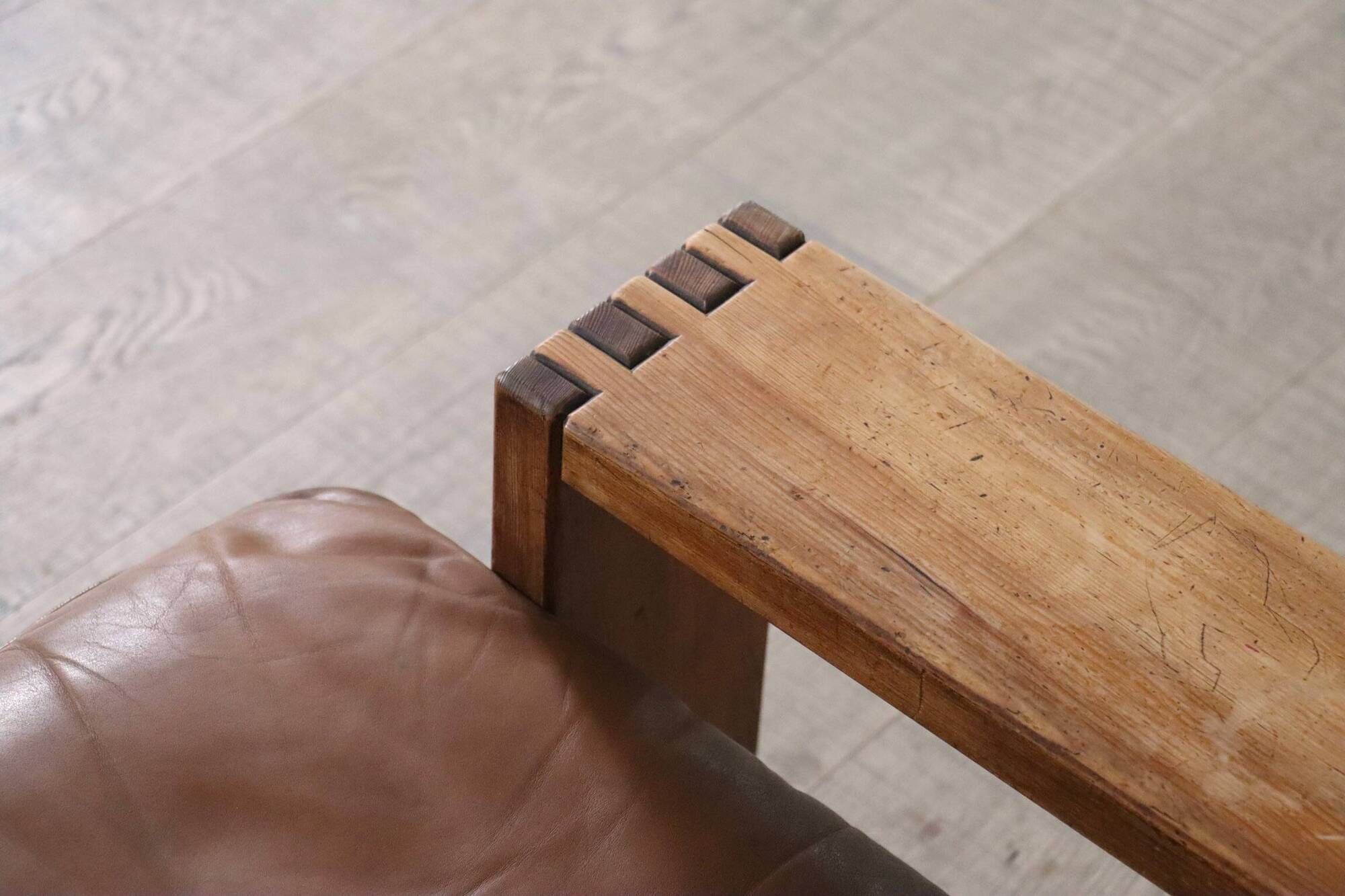 Midcentury Modern Brutalist Lounge Chair In Oak And Leather, Italy 1970s