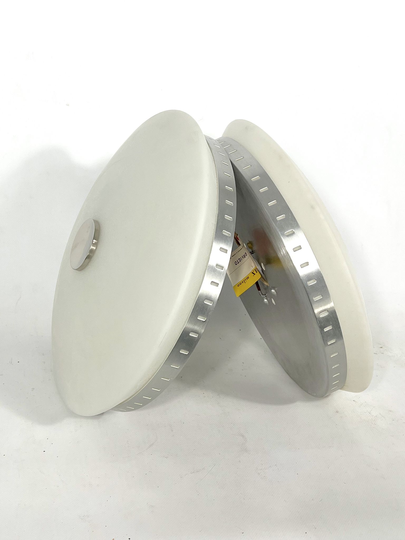 Stilux Milano, pair of round opaline glass ceiling lamps. 1960s