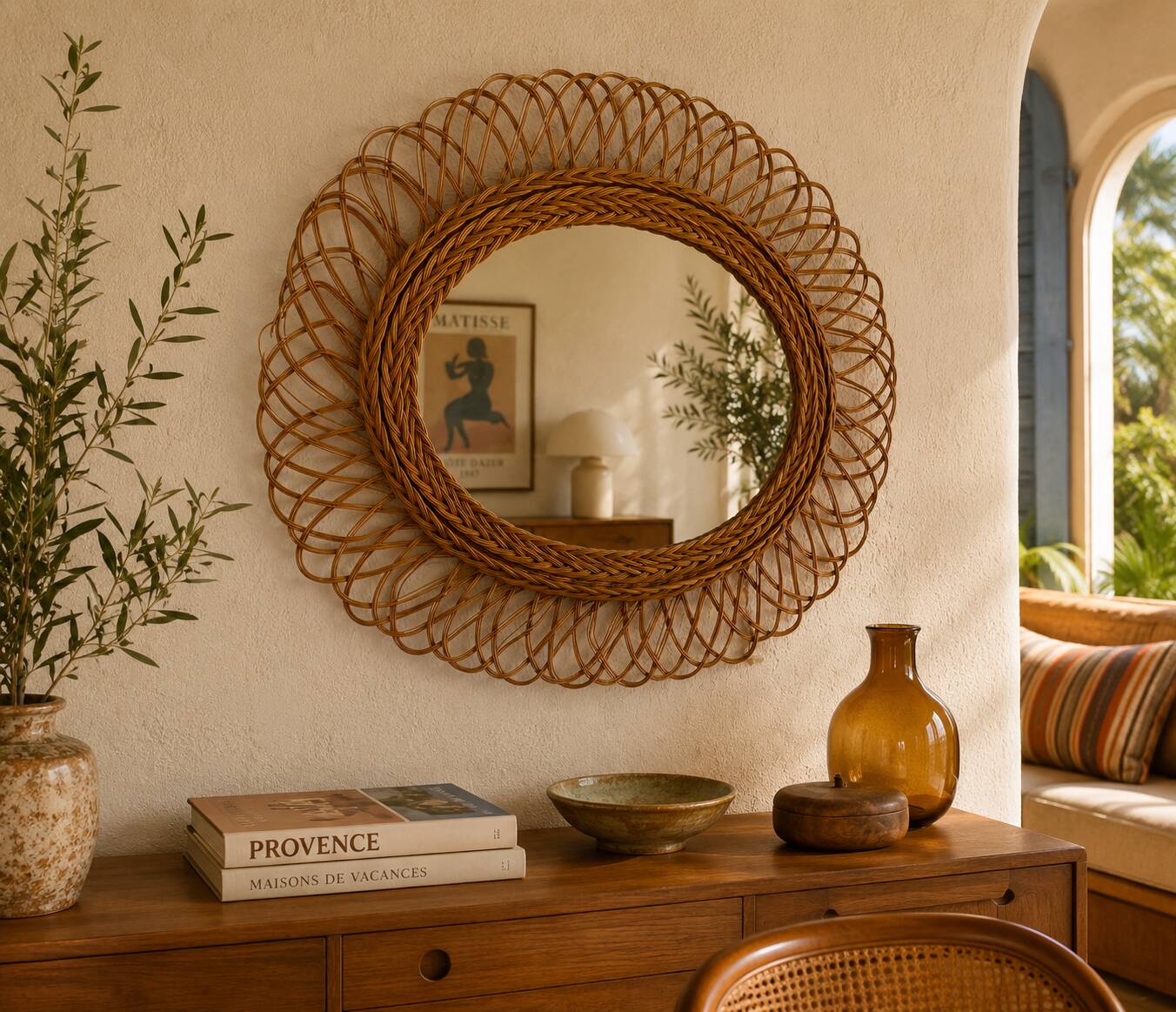 Vintage 1960 sun flower rattan wicker mirror - 68 x 58 cm
