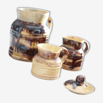 3 Assorted French antique pitchers, Glazed stoneware, milk jugs,