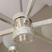 Six-light chrome metal chandelier and opaque glass globes / vintage 60s and 70s