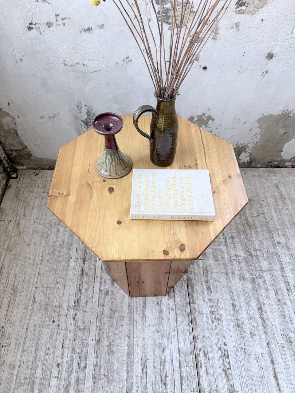 Hexagonal console table guéridon Regain pine 1970