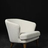Low Mid-Century Scandinavian Modern Oak & Fabric Armchair with Rounded Backrest, 1960s
