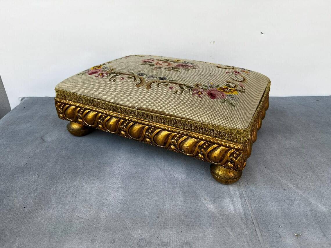 Empire Foot Stool With Petit Point Standing on Ball Feet Needlepoint Decor