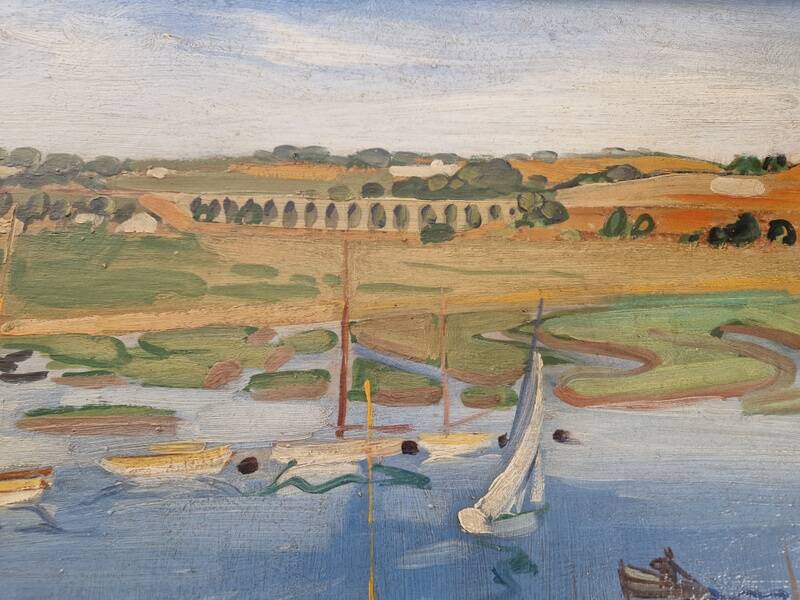 Frank Sloan (1900-1984) - Oil on hardboard - Sailboats near the bridge