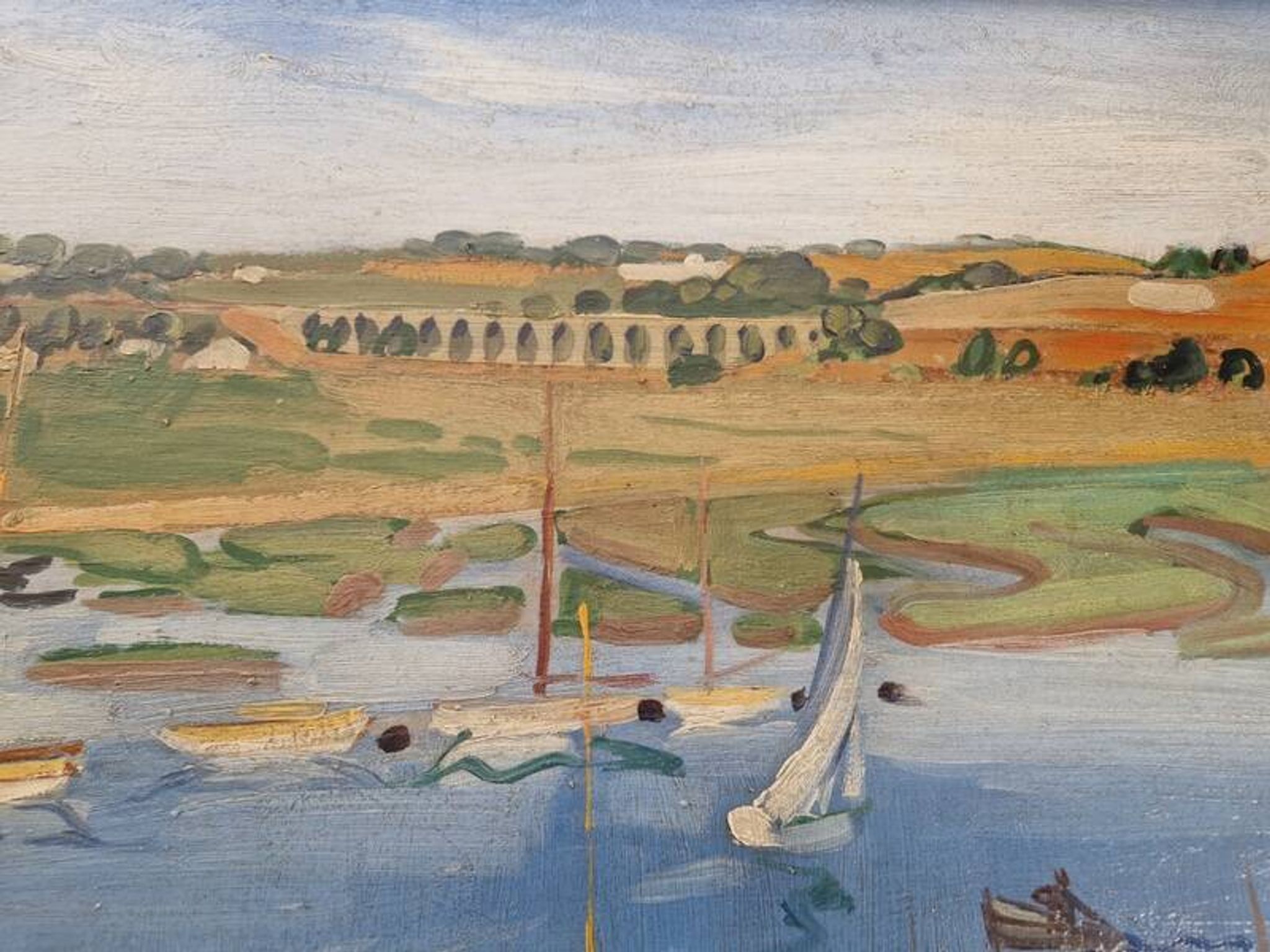 Frank Sloan (1900-1984) - Oil on hardboard - Sailboats near the bridge