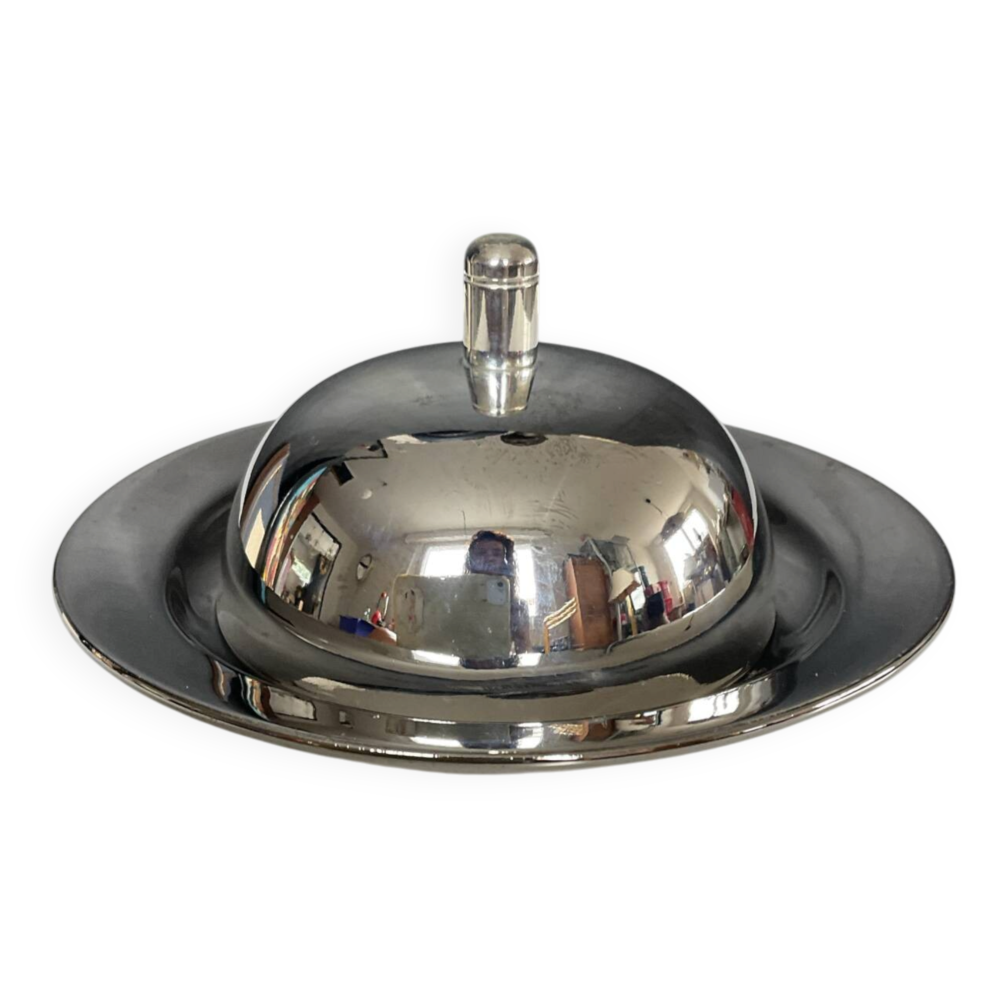 Vintage stainless steel and ceramic bell butter dish