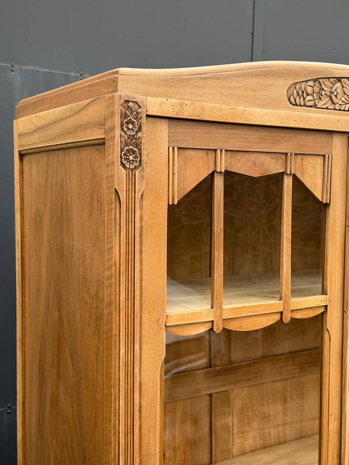 Parisian glass-fronted Art Deco wardrobe in solid raw walnut.