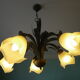 Chandelier of 5 corollas in white granite glass, central decoration with foliage 70s /80s