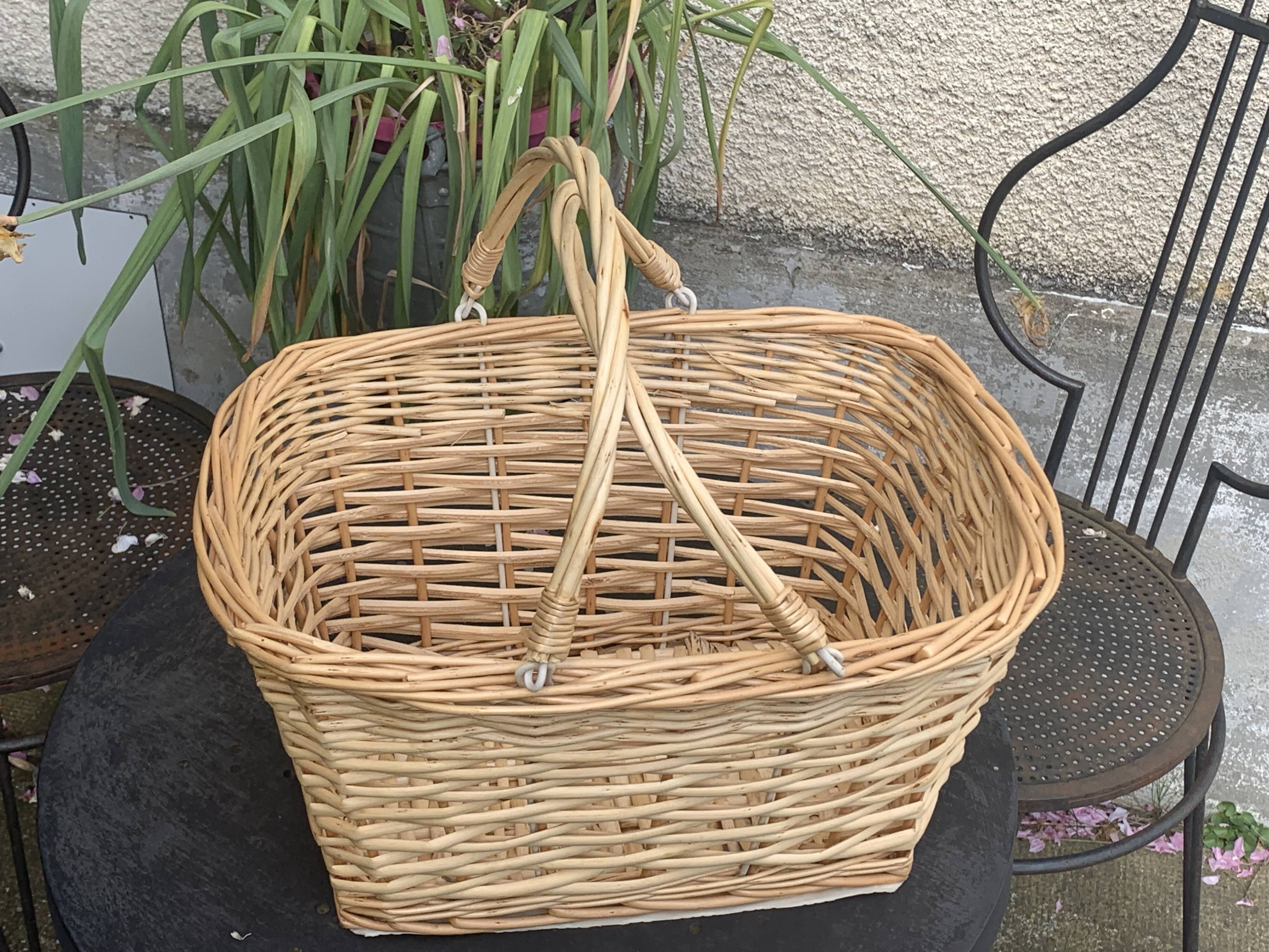 Rattan basket, woven wicker, with two vintage handles