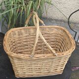 Rattan basket, woven wicker, with two vintage handles