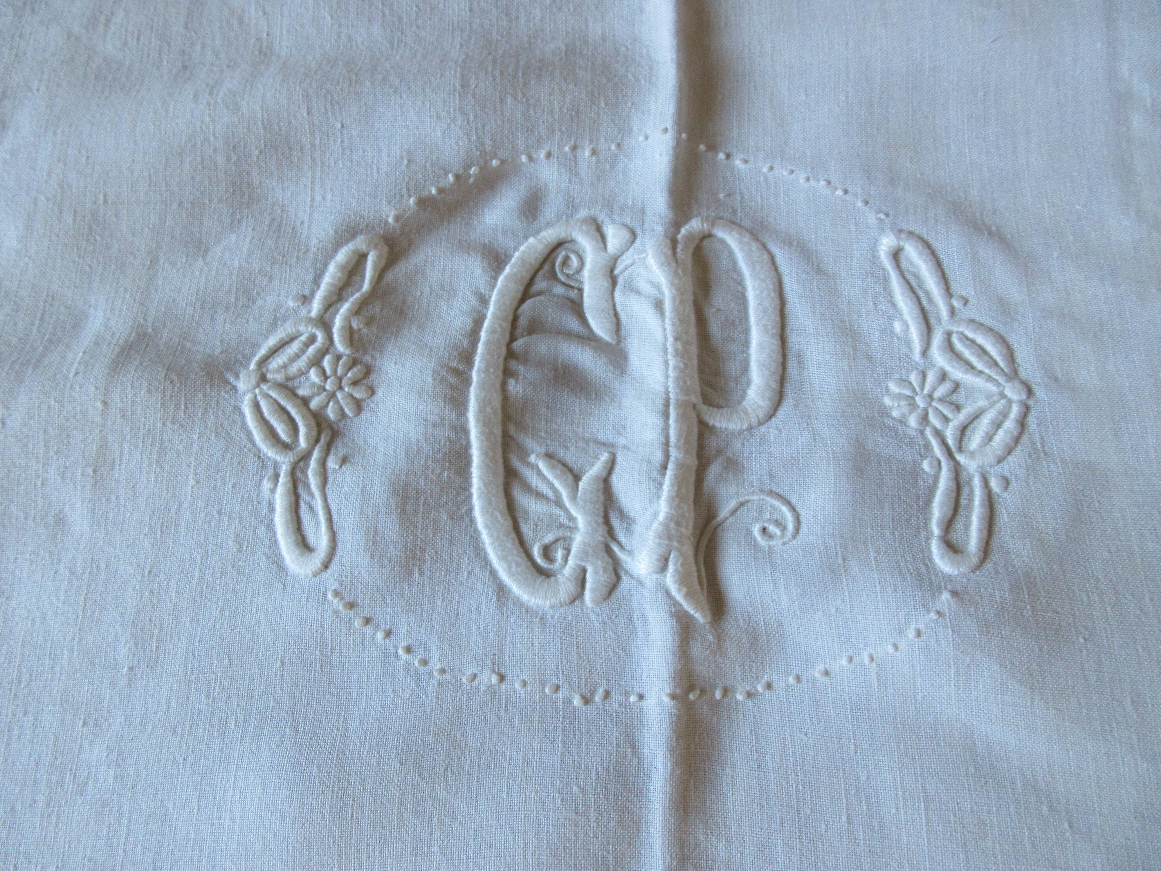 antique hand embroidered linen linen monogram GP