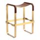 Tabouret de bar de cuisine contemporain, métal laiton vieilli et cuir marron foncé