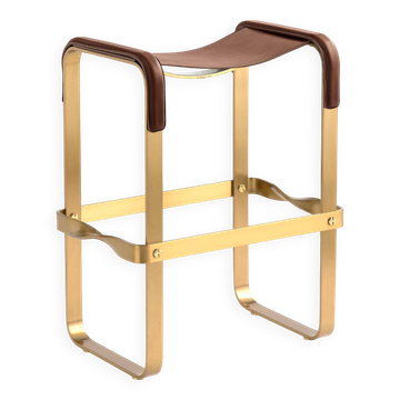 Contemporary kitchen bar stool, aged brass metal and dark brown leather.