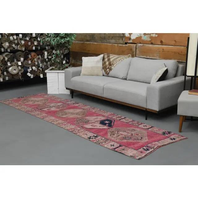 Vintage Turkish Hand-Knotted Wool Cotton Pink Runner Rug 100x335