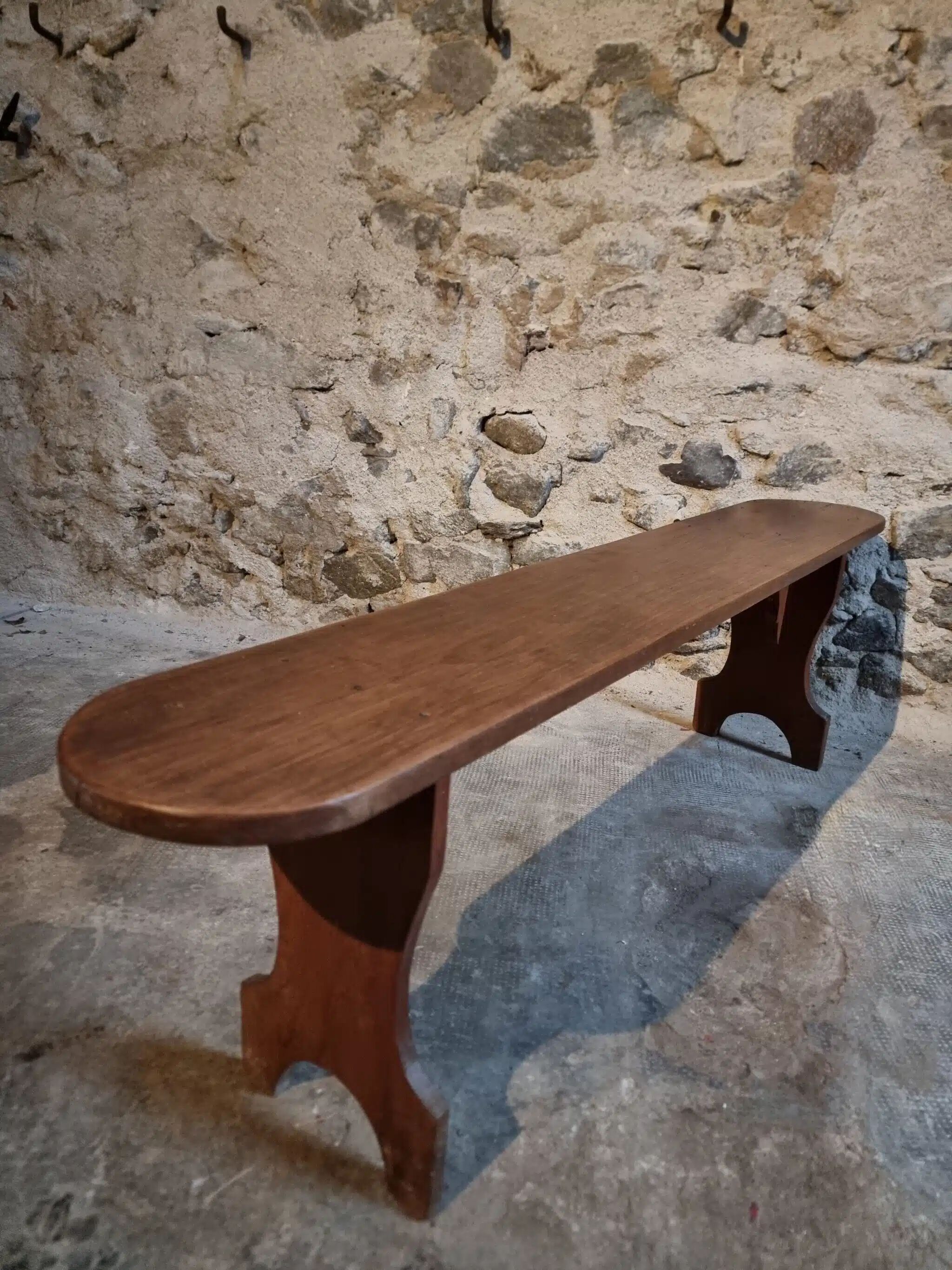 French cherry wood bench, 1930s, narrow wooden bench.