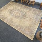 Tapis Oushak beige décor rustique, 7x10, surteint sable, pour salon, MOON.144