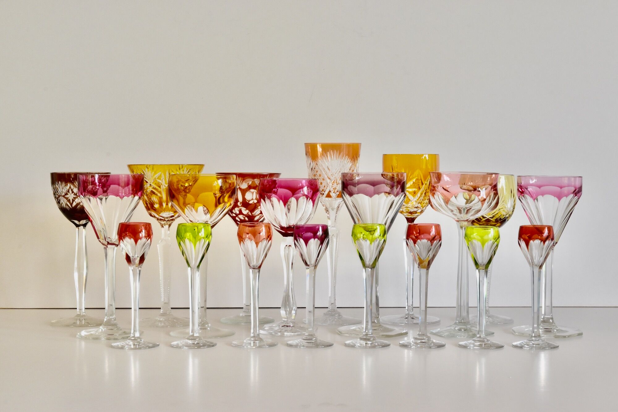 Set of 6 Bohemian Multicolored Antique Crystal Wine Glasses