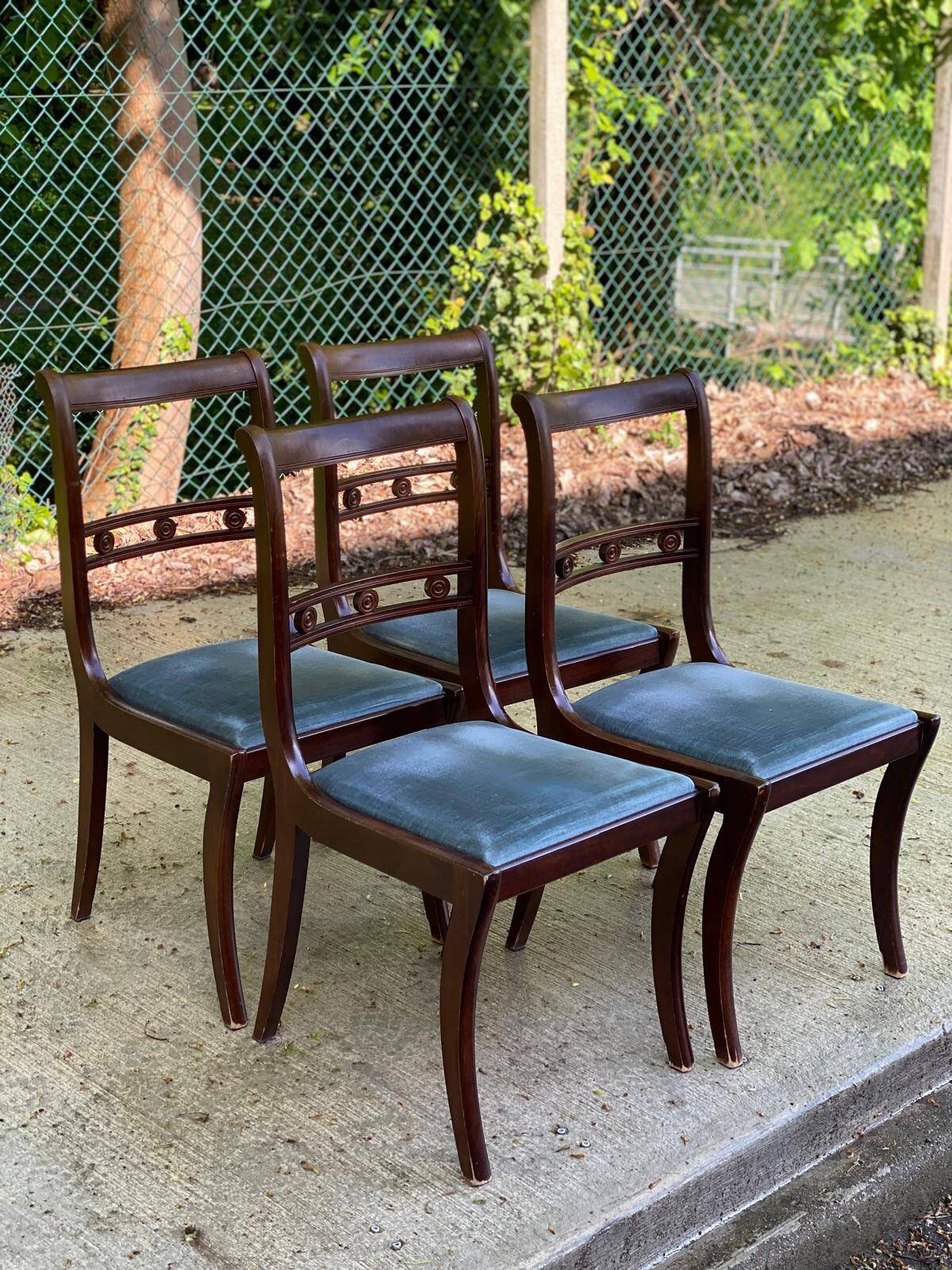 4 Louis Philippe walnut and blue velvet chairs