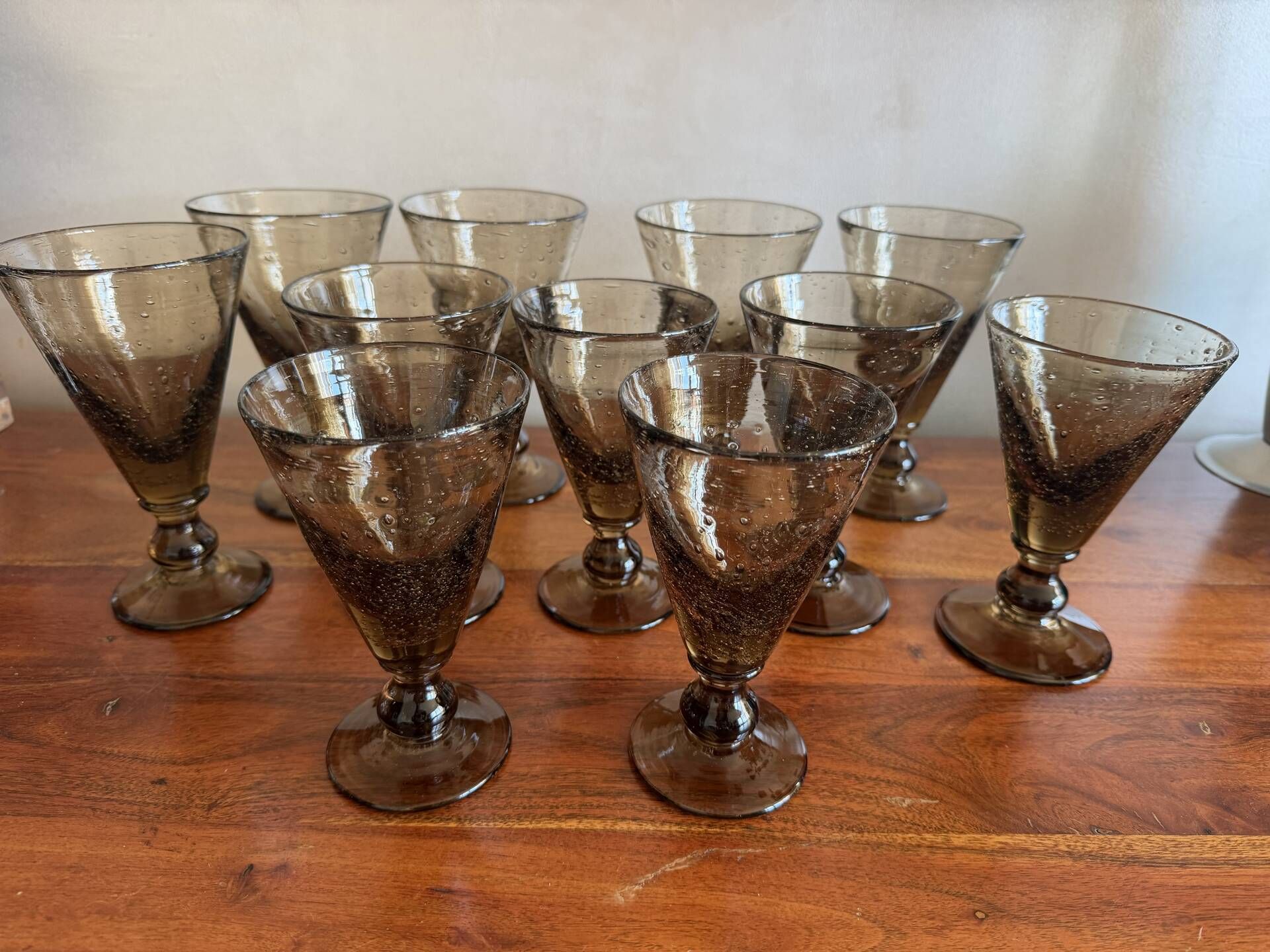 Set of hand-blown stemmed glasses