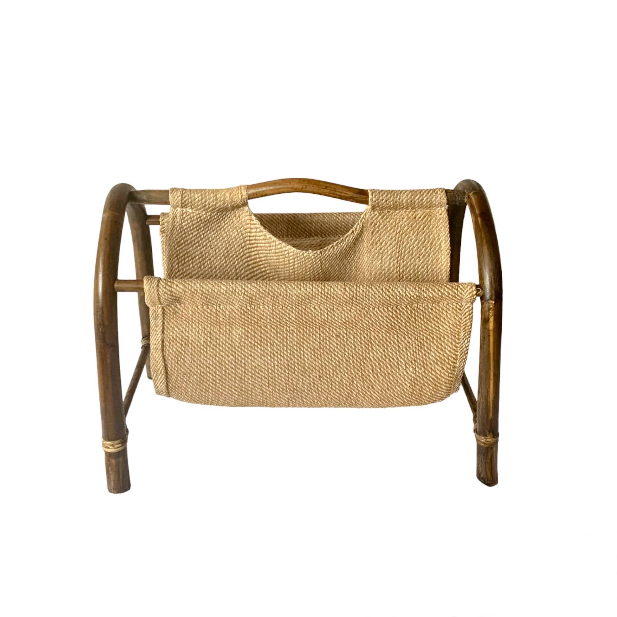 Vintage bamboo and fabric magazine rack