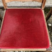Round wooden table with 1 integrated extension + 6 wooden and fabric chairs