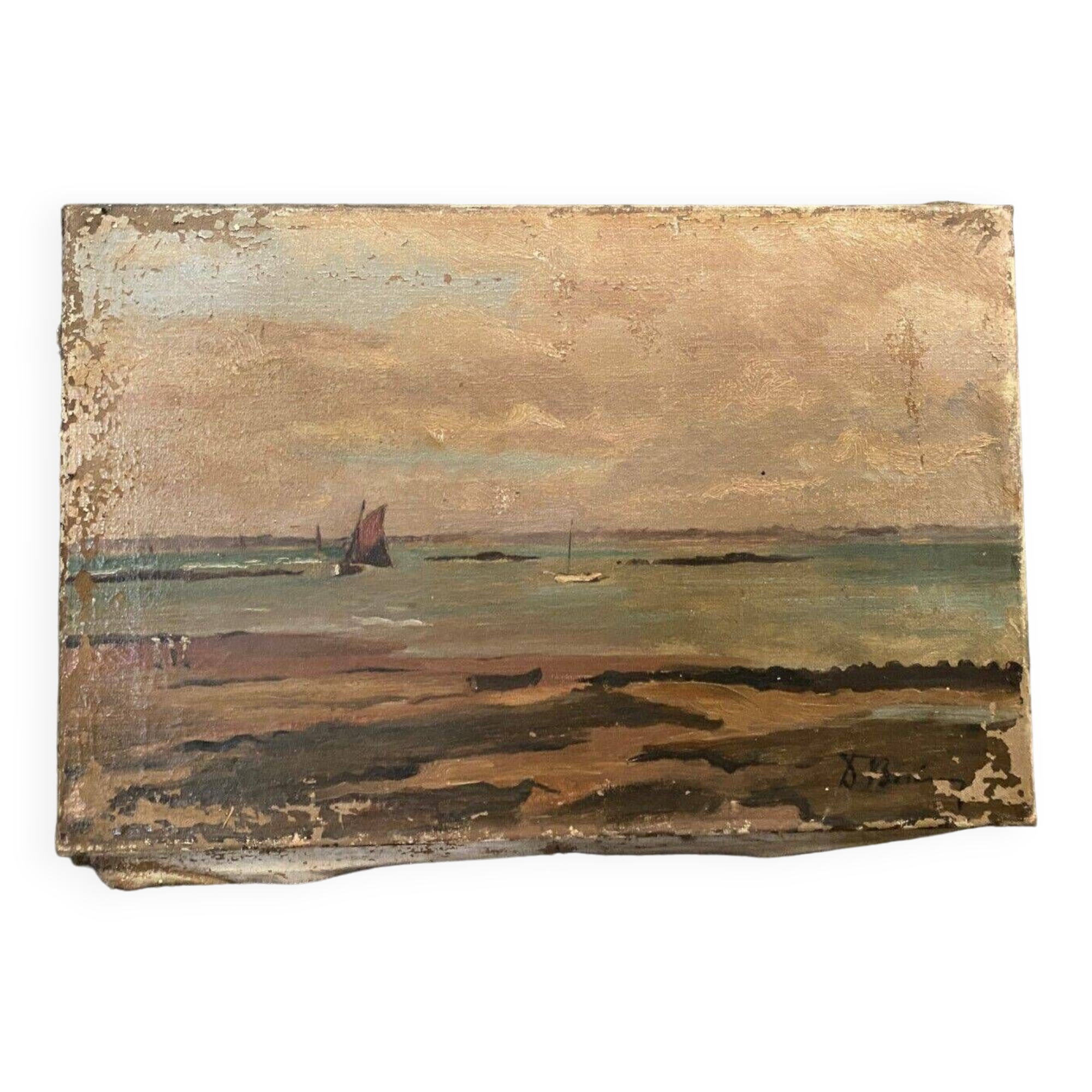 Oil on canvas seaside marine boat early 20th century