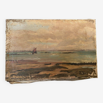 Oil on canvas seaside marine boat early 20th century