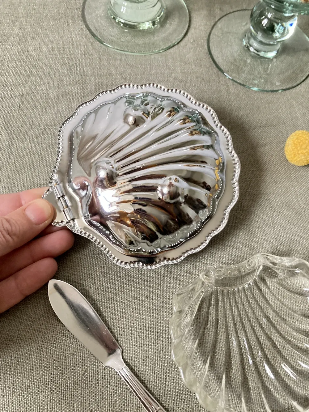 Metal shell butter dish with glass bowl and knife