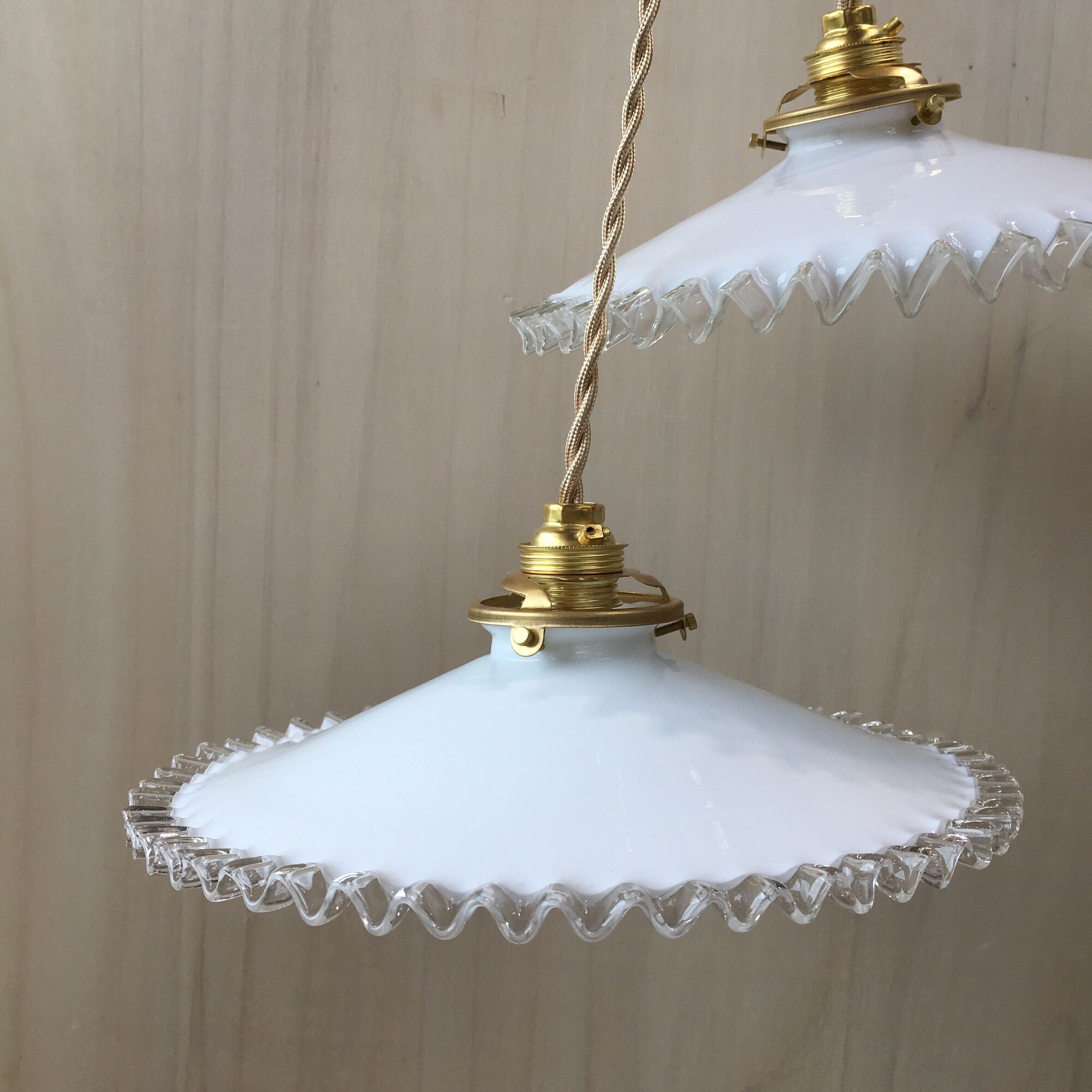 Pair of vintage white opaline pendant lamps and transparent serrated edges