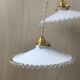 Pair of vintage white opaline pendant lamps and transparent serrated edges