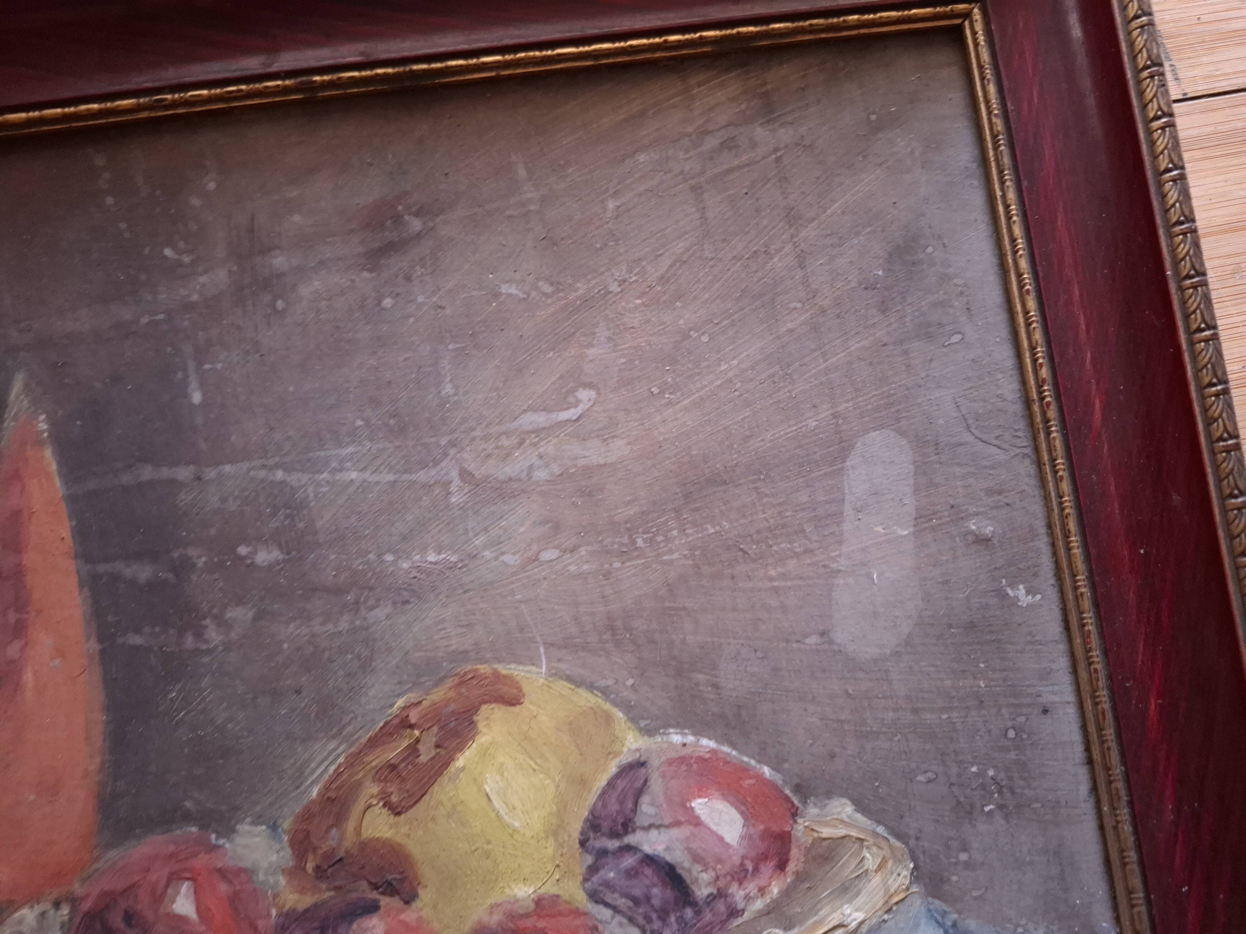 Tableau , huile sur carton  , nature morte coupe de fruit signée Bello