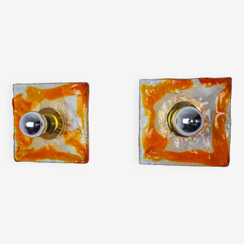 Pair of square wall lights by Murano Mazzega in orange frosted glass, Italy, 1970