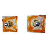 Pair of square wall lights by Murano Mazzega in orange frosted glass, Italy, 1970