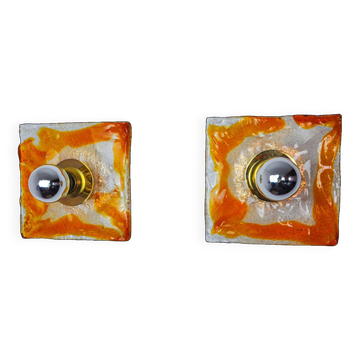 Pair of square wall lights by Murano Mazzega in orange frosted glass, Italy, 1970
