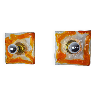 Pair of square wall lights by Murano Mazzega in orange frosted glass, Italy, 1970