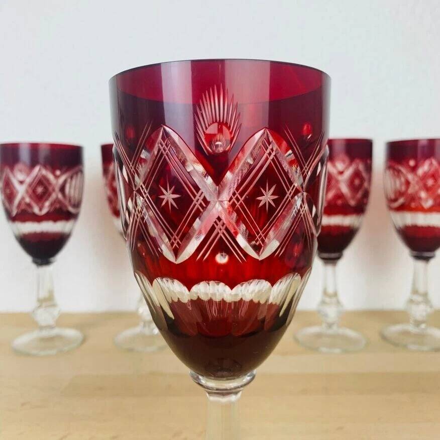 6 antique red Bohemian crystal wine glasses.