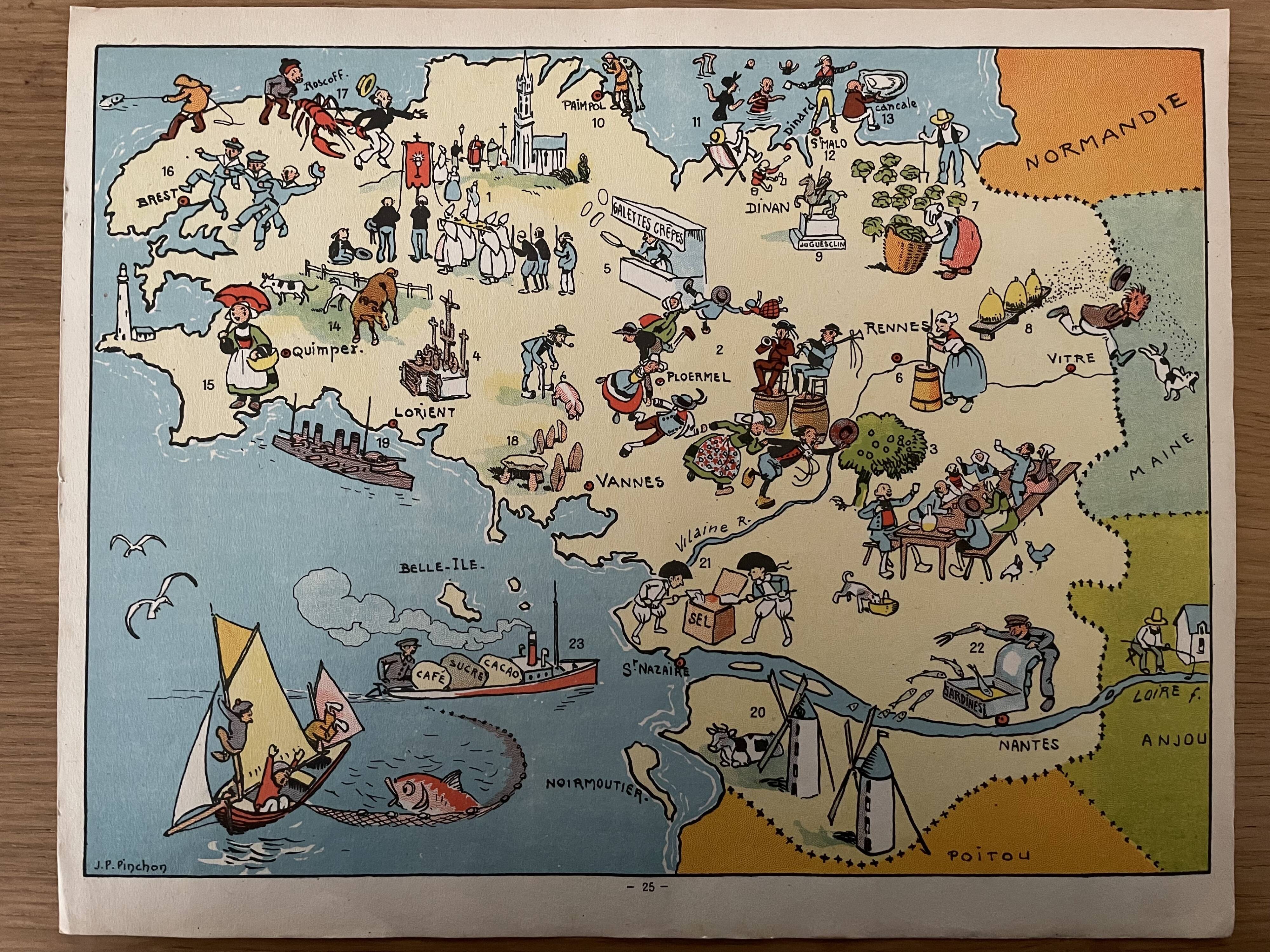 Old illustrated map of Brittany - JP Pinchon