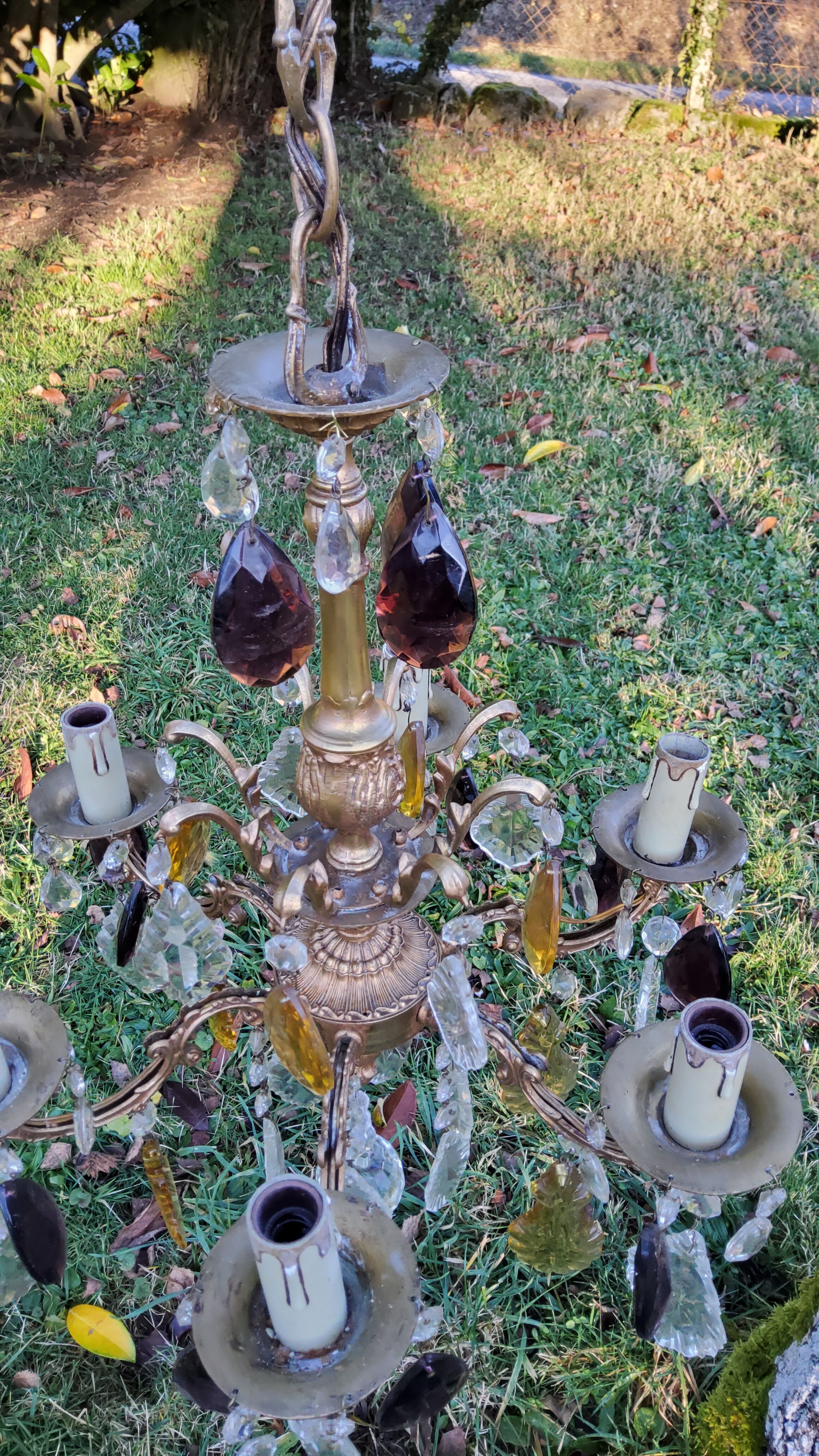 Bronze chandelier with grapevines of amber purple crystal color 6 branches